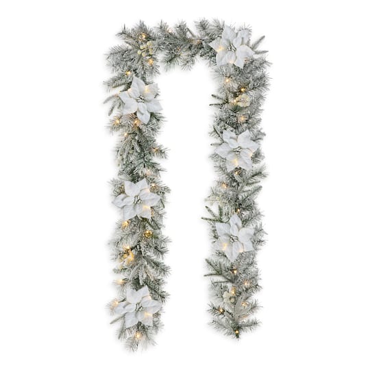 Glitzhome&#xAE; 9ft. Pre-Lit Snow Flocked Greenery Pine Poinsettia Christmas Garland